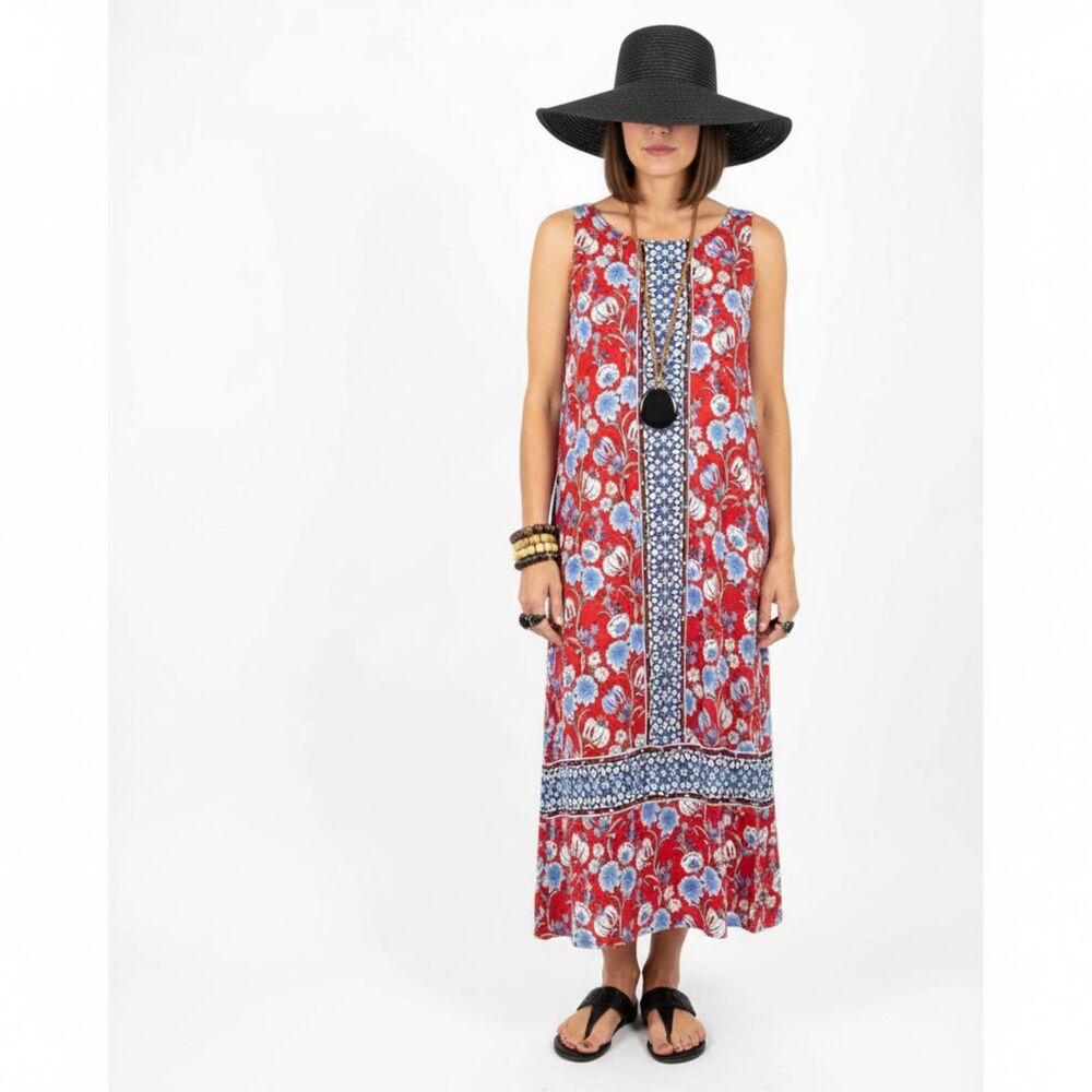 J Jill Red Floral Print Sleeveless Midi Tank Dress NEW‎ M